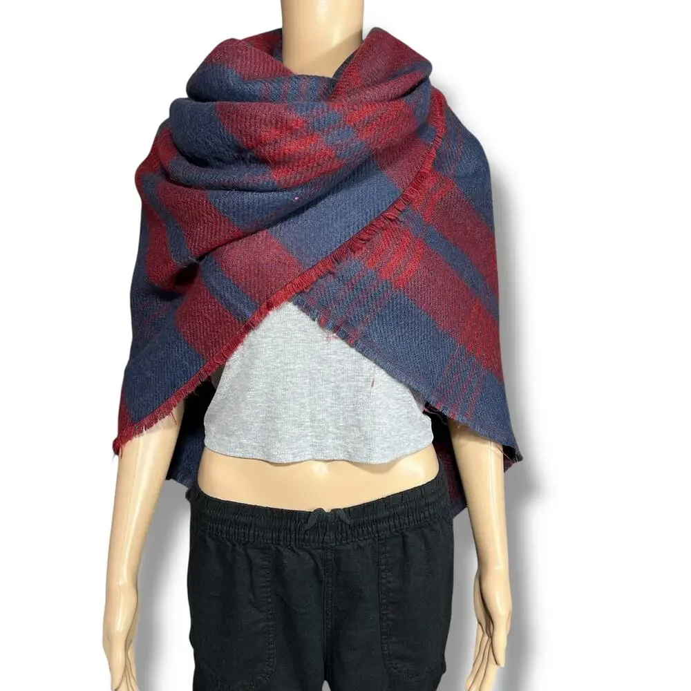 Womens Woven Knit Plaid Scarf Wrap with Fringe Blue Red Soft and Warm